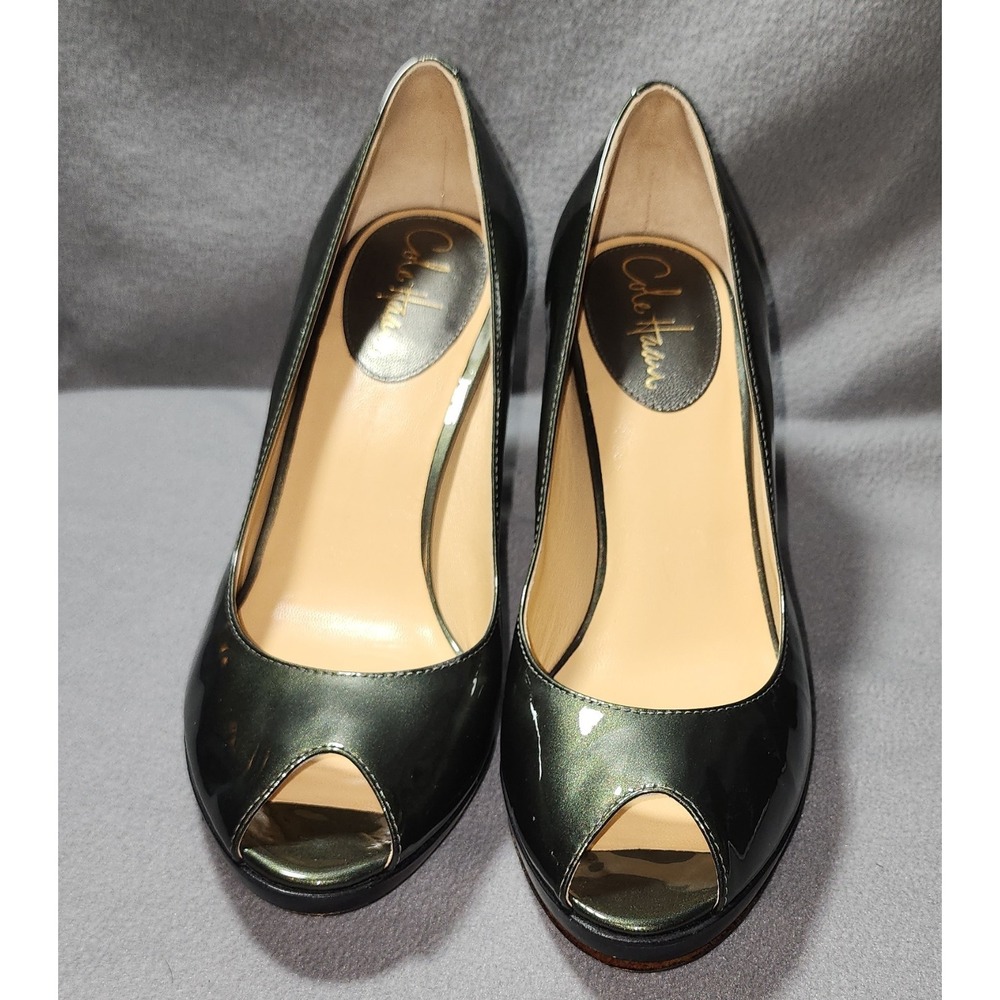 cole haan pumps black patent leather peep toe slip on stiletto leather sole